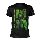 Close-up of Type O Negative Coffins black t-shirt featuring the band logo in large green text and 4 open coffins with skeletons inside them, displayed on a white background.
