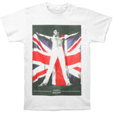 Close-up of Freddie Mercury Draped in the Union Jack white t-shirt featuring an image of him shirtless with the union jack flag held open behind him, displayed on a white background.