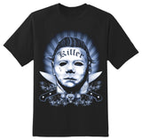 Close-up of Michael Myers Tatted black t-shirt featuring a black, blue, and white illustration of the mask with the word 'Killer' tattooed across the forehead with stripes and knives behind the image, displayed on a white background.