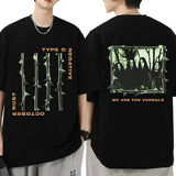 Front and back of Type O Negative October Rust black t-shirt featuring the album thorn artwork on the front and an image of the band surrounded in thorns and the text 'we are the vandals' in orange underneath on the back, displayed on a model against a white background.