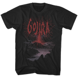 Close-up of Gojira Volcano black t-shirt featuring a large band logo in red font and black and purple volcano erupting artwork, displayed on a translucent background.