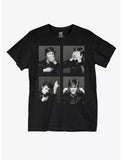 Close-up of David Bowie 4 Up black t-shirt featuring four different black and white photographs of David in the see no evil, speak no evil, and hear no evil poses, photographed on a white background.