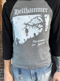 Hellhammer Triumph of Death heather grey raglan t-shirt with black 3/4 sleeves featuring album artwork, on a model.