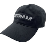 Black Bathory dad cap featuring the band name embroidered in white elaborate lettering, photographed on a white background.