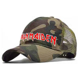 Camouflage cap with 'Iron Maiden' logo in red lettering with white outline.