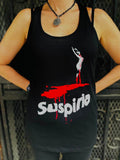 Suspiria black tank top featuring the movie artwork and name in red and white, photographed on a model.
