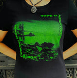 Close-up of Type O Negative World Coming Down black t-shirt featuring the green album artwork, photographed on a model.