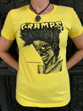 The Cramps Bad Music for Bad People yellow t-shirt featuring the album artwork, photographed on a model.