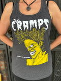 The Cramps Bad Music for Bad People heather grey tank top featuring the album artwork in yellow and band name in white, photographed on a model.