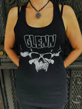 Black Glenn Danzig tank top featuring the text 'Glenn' in large white outlined letters and a white image of the horned skull artwork, on a metal gate background.