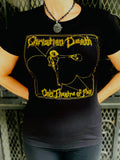 Christian Death Only Theatre of Pain black t-shirt featuring the album artwork in yellow, photographed on a model.