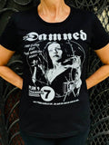 The Damned Vampira black t-shirt featuring the artwork from the movie with the band logo in white, photographed on a model.