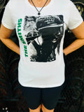 The Smith's Meat is Murder white t-shirt featuring artwork from the album, photographed on a model.