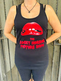 Rocky Horror Picture Show black tank top featuring the red movie name and lips artwork, photographed on a model.