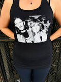Black Ozzy Osbourne and Lemmy Kilmister tank top featuring a black and white image of them sticking up their middle fingers, on a model.