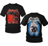 Front and back of Metallica Kill 'Em All black t-shirt featuring the album artwork on the front and an illustration of a figure in an electric chair being electrocuted and the band logo in black with a white background above it on the back, displayed on a white background.