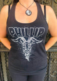 Black tank top with white graphic design and 'PHILLIP' text, worn by a person.