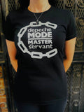 Person wearing a black t-shirt with 'depeche MODE Master and Servant' design in white print.