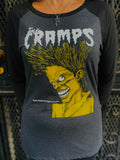 Gray and black 3/4 sleeve raglan shirt with yellow graphic and 'The Cramps' text.