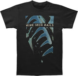 Close-up of Nine Inch Nails Pretty Hate Machine black t-shirt featuring artwork from the album, displayed on a white background.
