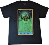 Close-up of Creature from the Black Lagoon black t-shirt featuring an image of the creature as the Hermit tarot card, on a white background.