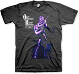 Close-up of Ozzy Osbourne and Randy Rhoads Tribute black t-shirt featuring a purple image of Ozzy picking up Randy while he plays guitar along with the words 'Ozzy Osbourne Randy Rhoads Tribute' in white on the upper right chest, displayed on a white background.