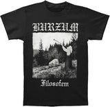 Black t-shirt with a graphic design and text "Burzum" in white.