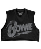 Close-up of black Bowie sleeveless crop top t-shirt featuring the Bowie logo in distressed white text, on a white background.