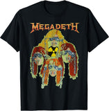 Close-up of Megadeth Warheads black t-shirt featuring illustrations of the heads of the band members around a radiation symbol and the band logo across the top in yellow and orange text, displayed on a white background.