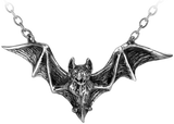 Silver-toned bat pendant necklace with wings spread and matching chain.