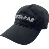 Black Bathory dad cap featuring the band name embroidered in white elaborate lettering.