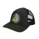 Black Beetlejuice baseball hat with a purple circular graphic on the front panel featuring Beetlejuice and neon green text reading 'Beetlejuice Beetlejuice Beetlejuice'. The hat has a black brim with a bright neon green trim, a matching neon green button on top, and a black mesh back.