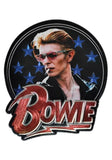 Circular embroidered patch featuring a portrait of David Bowie wearing sunglasses, with blue stars on a black background and the word 'BOWIE' in large red letters at the bottom, photographed on a white background.