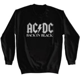 Close-up of AC/DC Back in Black black sweatshirt featuring the band logo in large white letters with 'Back in Black' in white letters under it, displayed on a white background.