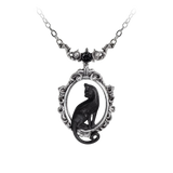 Gothic-style silver colored pendant necklace featuring a black cat silhouette set in front of an ornate oval mirror, suspended from a matching silver tone chain.