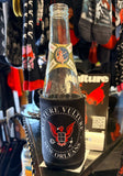 Kulture Vulture logo black coozie featuring the vulture logo in red and the words 'Kulture Vulture New Orleans' along with the website URL in white text, photographed on a bottle.