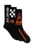 Three black crew socks with Def Leppard band graphics, including a white checkered pattern, white vertical logo, and orange triangle with logos.