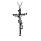 Gothic-style crucifix pendant necklace featuring a detailed silver horned figure on a blackened cross, suspended from a silver tone chain.