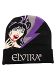 A black knit beanie featuring a graphic of the character Elvira with purple highlights in her hair, red lips, and a purple lightning bolt, with 'ELVIRA' embroidered in grey on the cuff.