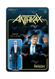 Anthrax 'Among the Living' ReAction figure carded packaging, featuring a collectible action figure in a black suit and a large printed card back with the band's logo and artwork.