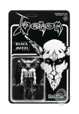 Venom 'Black Metal' ReAction figure in its original blister card packaging, featuring a large white horned skull graphic on a black background.