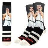 Men's crew socks featuring a graphic of Freddie Mercury wearing a white tank and pants performing on the upper leg and black and white horizontal stripes with red "Freddie" script near the toes.