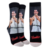 Women's crew socks featuring a graphic of Freddie Mercury wearing a white tank and pants performing on the upper leg and black and white horizontal stripes with red "Freddie" script near the toes.