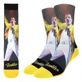 Crew socks featuring an image of Freddie Mercury singing at Wembley wearing a yellow jacket with yellow toe area and the word "Freddie" in yellow script across the feet.