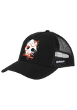 A black trucker hat with a white and red Jason Voorhees mask graphic on the front panel and 'Friday the 13th' text on the side mesh.