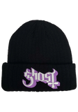 A black knit beanie hat featuring a prominent purple and white embroidered 'ghost' logo on the front folded cuff.