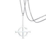 A silver-toned metal necklace featuring the Ghost band logo and a matching chain.
