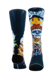 A pair of Ghost band crew socks with a black base, featuring a colorful graphic print of the band's Papa image and logo on the front.