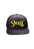 Black Ghost baseball hat with a yellow and black logo graphic on the front panel,  displayed on a white background.