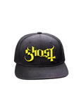Black Ghost baseball hat with a yellow and black logo graphic on the front panel,  displayed on a transparent background.